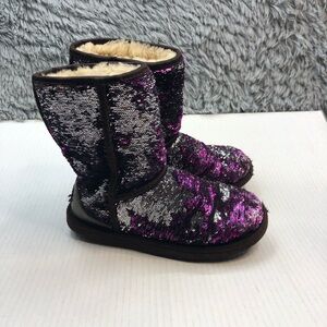 Ugg Boots Shoes Womens 5 Silver Purple Sequin Metallic Mid Calf Sheepskin